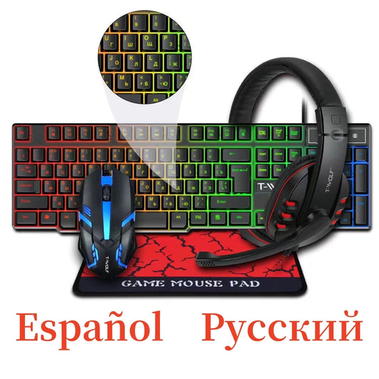 Spanish Keyboard with Ñ Russian Keyboard ISO 100% Layout 104 Keys Spanish Russian Gaming Keyboard Mouse Kit Backlight Wired T20
