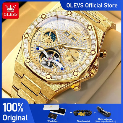 OLEVS 9805 Mens Watch Original Brand Tourbillon Automatic Mechanical Watch Diamond Dial Waterproof Moon Phase Watches For Men
