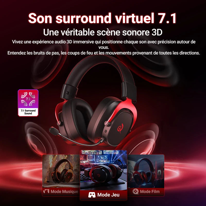 QCY Casque Gamer Sans Fil Heroad VT200 avec Microphone Détachable, Casque Over-Ear, Connexion Tri-Mode, Son Surround 7.1 pour PC, PS4 et PS5