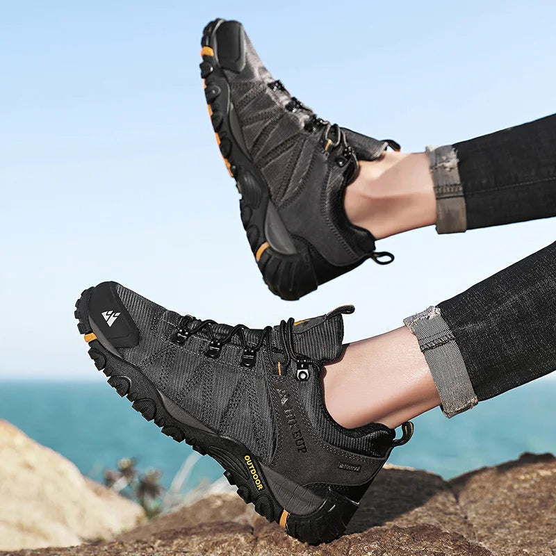 HIKEUP Zapatillas de senderismo para hombre de cuatro estaciones, calzado deportivo de exterior en cuero genuino resistente al desgaste, zapatos de escalada con suela de goma para trekking