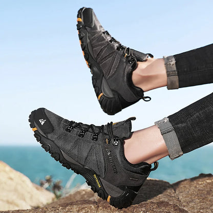 HIKEUP Zapatillas de senderismo para hombre de cuatro estaciones, calzado deportivo de exterior en cuero genuino resistente al desgaste, zapatos de escalada con suela de goma para trekking