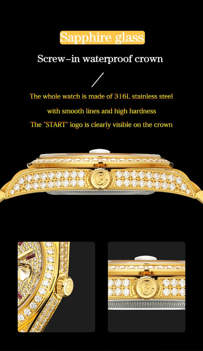 【START】Men's Watch Swiss Automatic Mechanical Movement Diamond Watch Waterproof Date Week Function Golden Watch