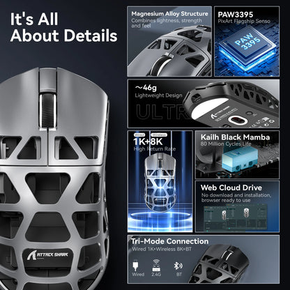 Mouse de gaming ATTACK SHARK R3 din aliaj de magneziu cu structură tip fagure, ultra-ușor, 8K Hz, senzor PAW3395, 26000 DPI, carcasă ergonomică