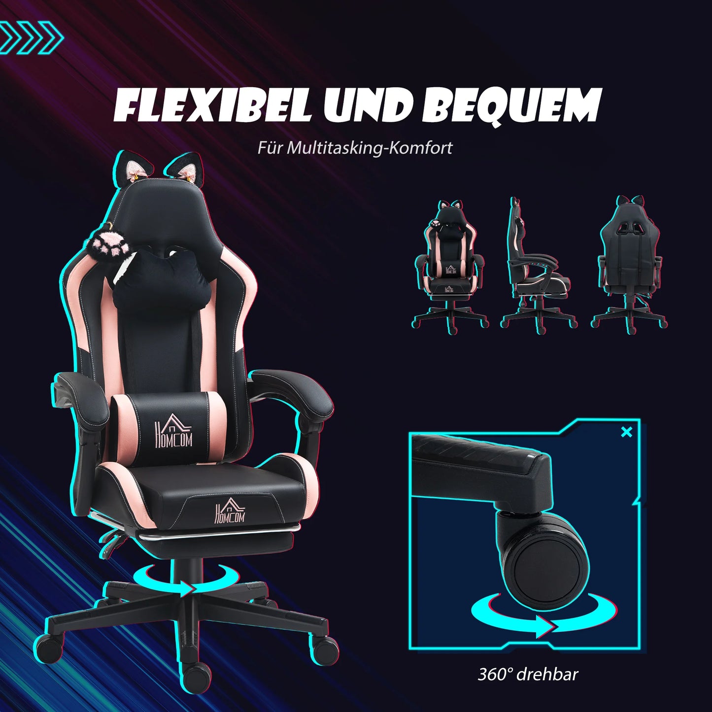 Gaming Chair with Cat Ears Ergonomic Office Chair, Reclining Gaming Chair with Footrest, Adjustable Height Computer Gaming Chair, PU Leather Gaming Chair for Home Office