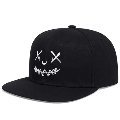 Gorra de béisbol de ala ancha, 100 % algodón, protección UV, ajustable, con un bordado de una sonrisa y diseño que estiliza el rostro