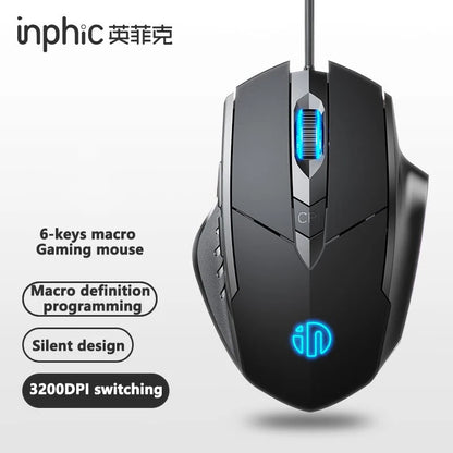 Mouse cu fir Inphic W1, mouse eSports pentru gaming, mouse silențios pentru birou, opțiuni cu trei taste și șase taste