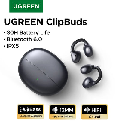 UGREEN ClipBuds Open-Ear Wireless Bluetooth 6.0 Earbuds with 4 Mic Clear Call, 30H Playtime Clip-On Earphones, Waterproof Sport Headphones