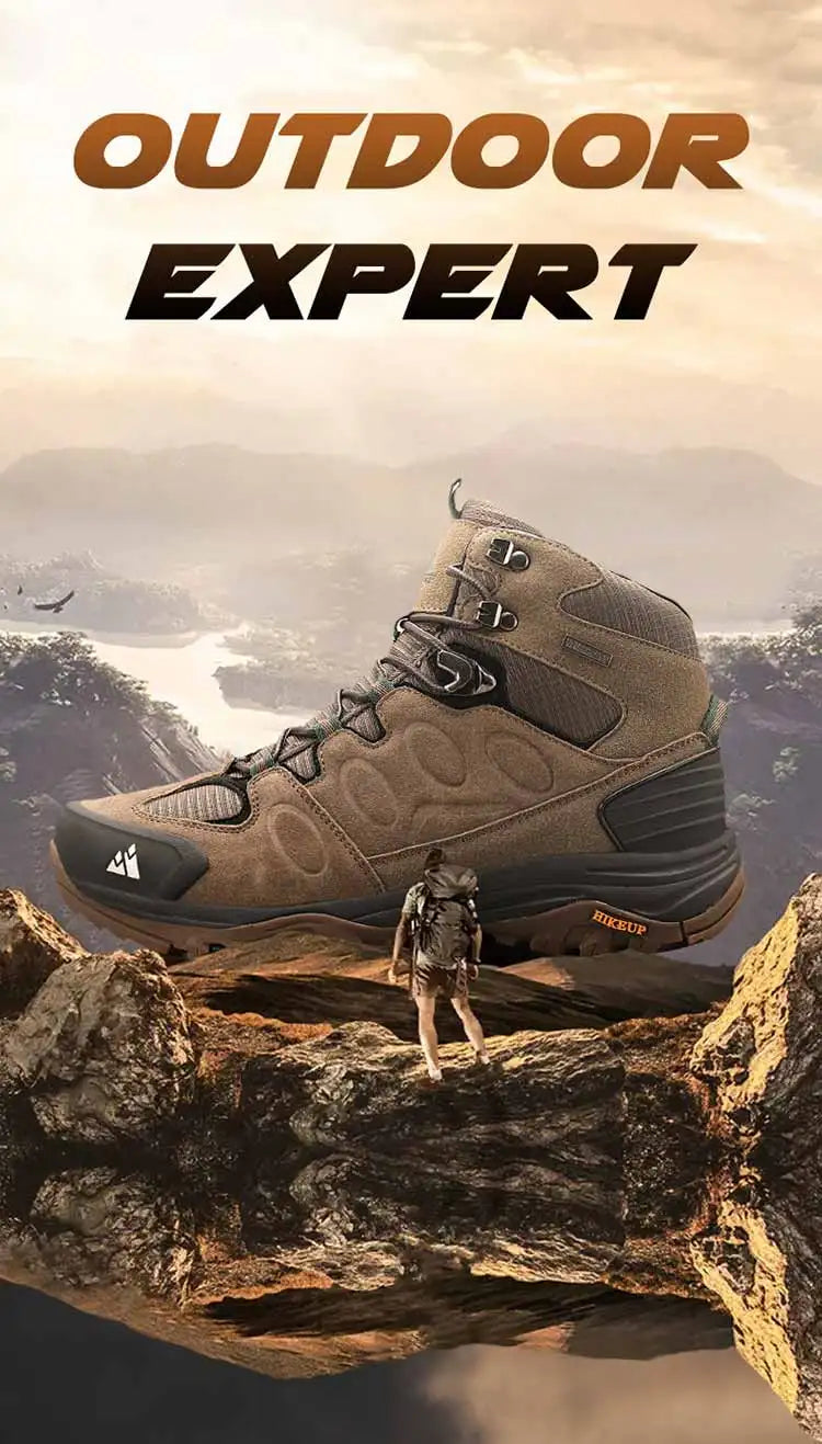 HIKEUP Botas de senderismo altas para hombre, calzado de invierno para exteriores con cordones, antideslizantes, deportivas y casuales, botas de trekking de ante cálidas para hombre