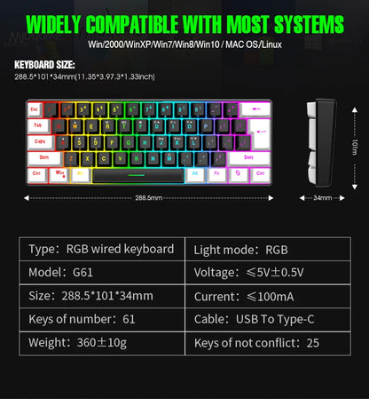 Tastiera meccanica cablata 61 tasti bianca, switch nero e blu, impermeabile, RGB illuminata, kit gaming e ufficio PUBG gamer retroilluminato