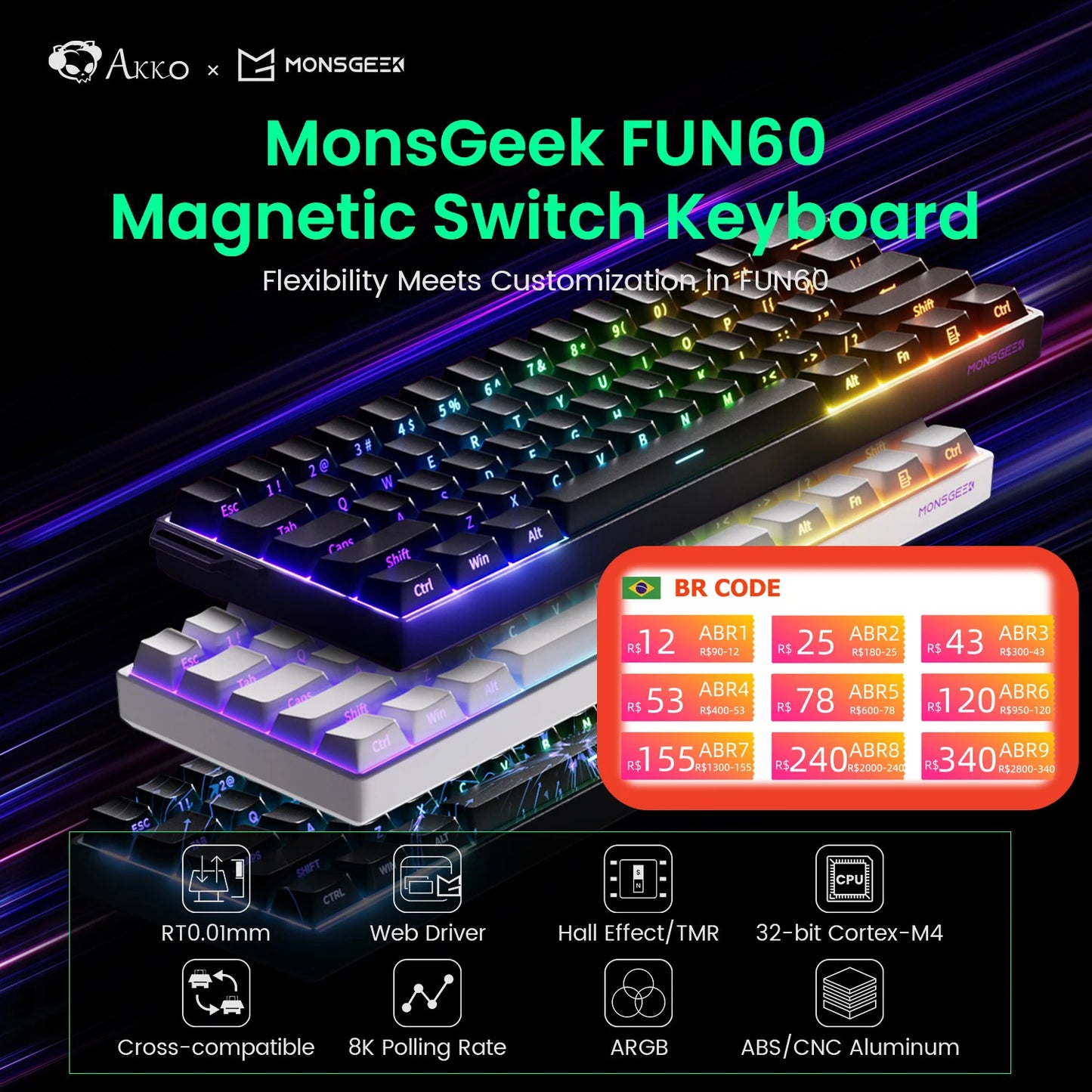 Tastiera meccanica Akko MonsGeek FUN60 con switch magnetici, tastiera gaming 60%, Rapid Trigger 0.01mm, 8K, ARGB, HE/TMR, tastiera personalizzabile