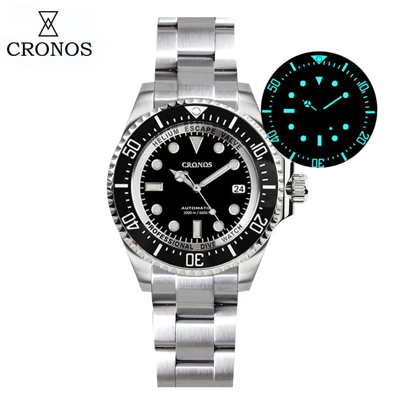 Cronos Automatic Diving Watch Stainless Steel 2000Meters Water Resistance Professional Diver PT5000 SW200 Miyota9015 90S5 L6027M