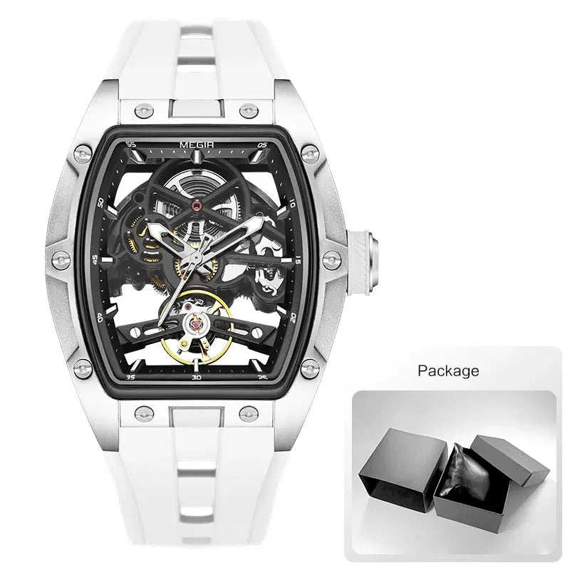 MEGIR Automatic Wristwatch Men Fashion Black Silicone Strap Wateproof Luminous Sport Mechanical Watch with Tonneau Dial 2242