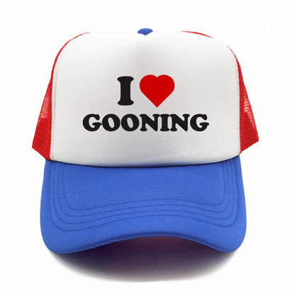 Juokingos „I Love Gooning“ beisbolo kepurės. Šaunios vasarinės vyriškos tinklinės kepurės. Humoro kupinos „Trucker“ stiliaus kepurės. Unisex lauko tinklinės kepurės MZ-080