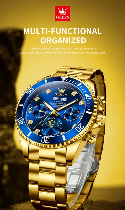 OLEVS 6729 Original Men's Watches Stainless Steel Waterproof Luminous Date Week Moon Phase Automatic Mechanical Watches for Man