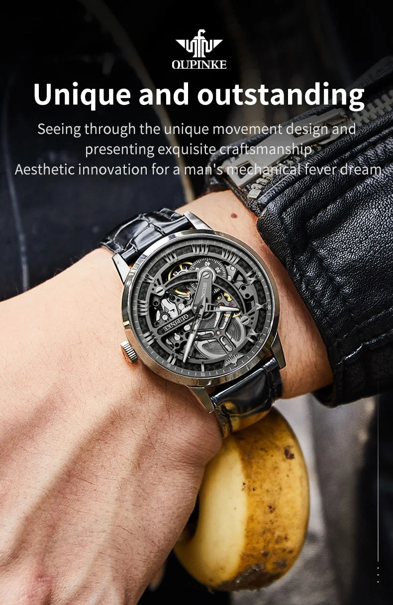 OUPINKE 3173 Skeleton Automatic Mechanical Watch Luxury Brand 50M Waterproof Watch Leather Strap Mens Watch Box Gifts Reloj