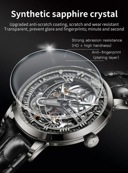 OUPINKE 3173 Skeleton Automatic Mechanical Watch Luxury Brand 50M Waterproof Watch Leather Strap Mens Watch Box Gifts Reloj