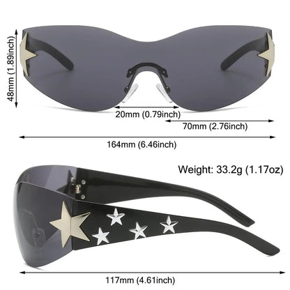 Rimless Y2K Sunglasses Women Men Punk Goggle Trendy Shield Sun Glasses UV400 3D Five Star Rhinestones Eyewear 2024