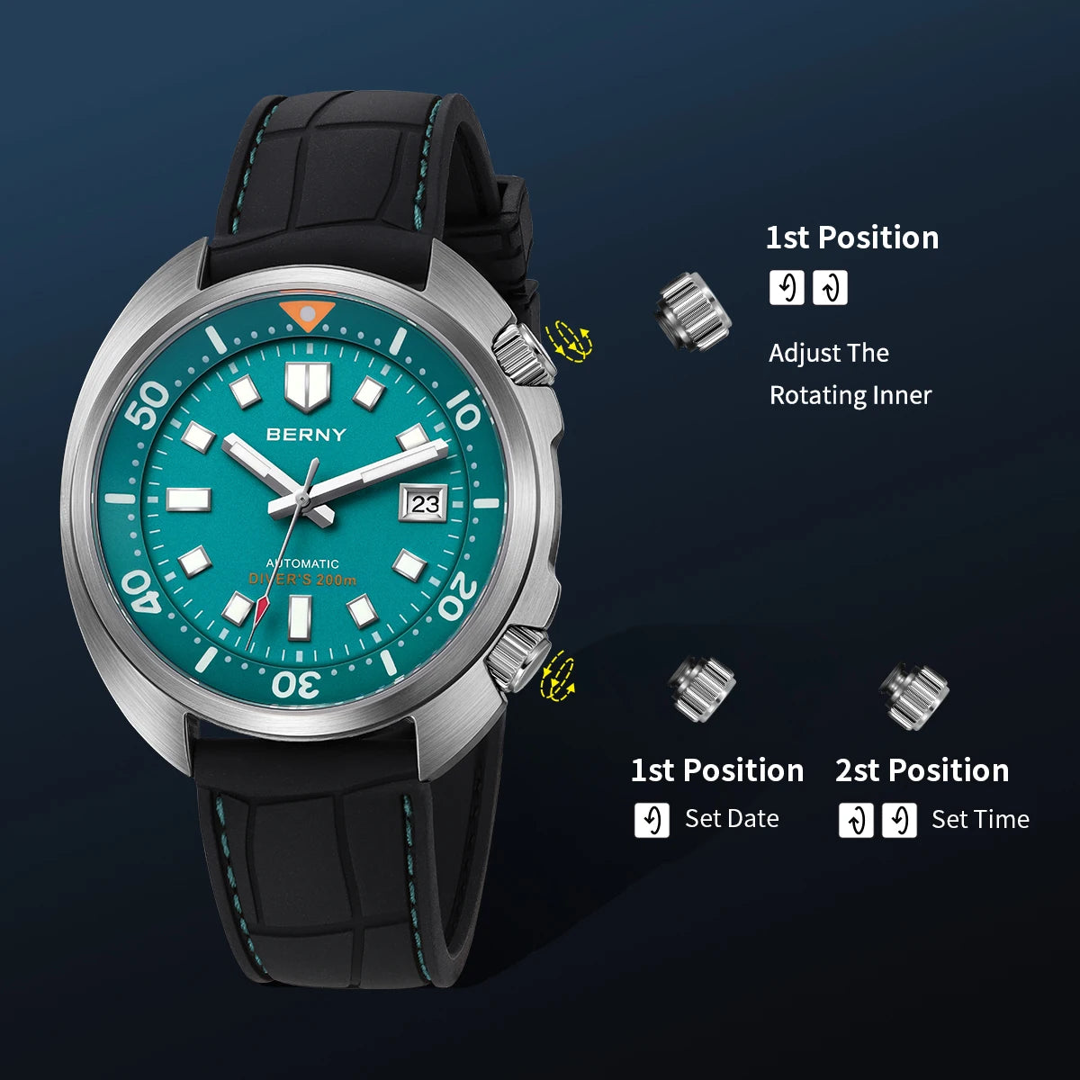 BERNY 20ATM Diver Watch For Men Mechanical Miyota 8215 Sapphire Sports Diving Luminous Anti-collision Crown Dual Crown Men Watch