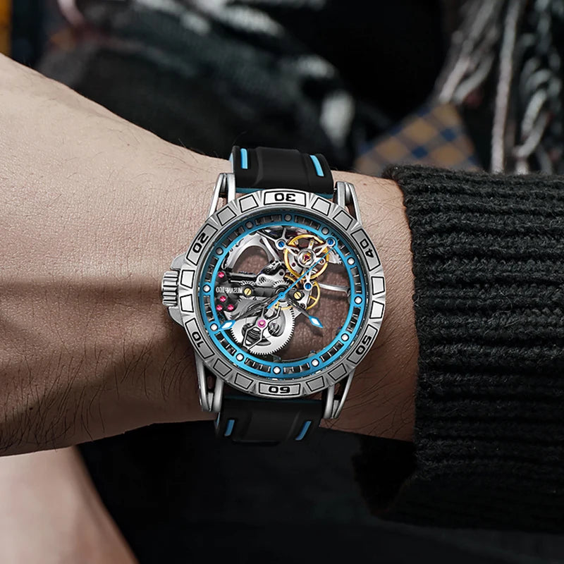 MUSANFIGO hollowed out fully automatic men's watch with mechanical movement, men's night light waterproof trendy watch
