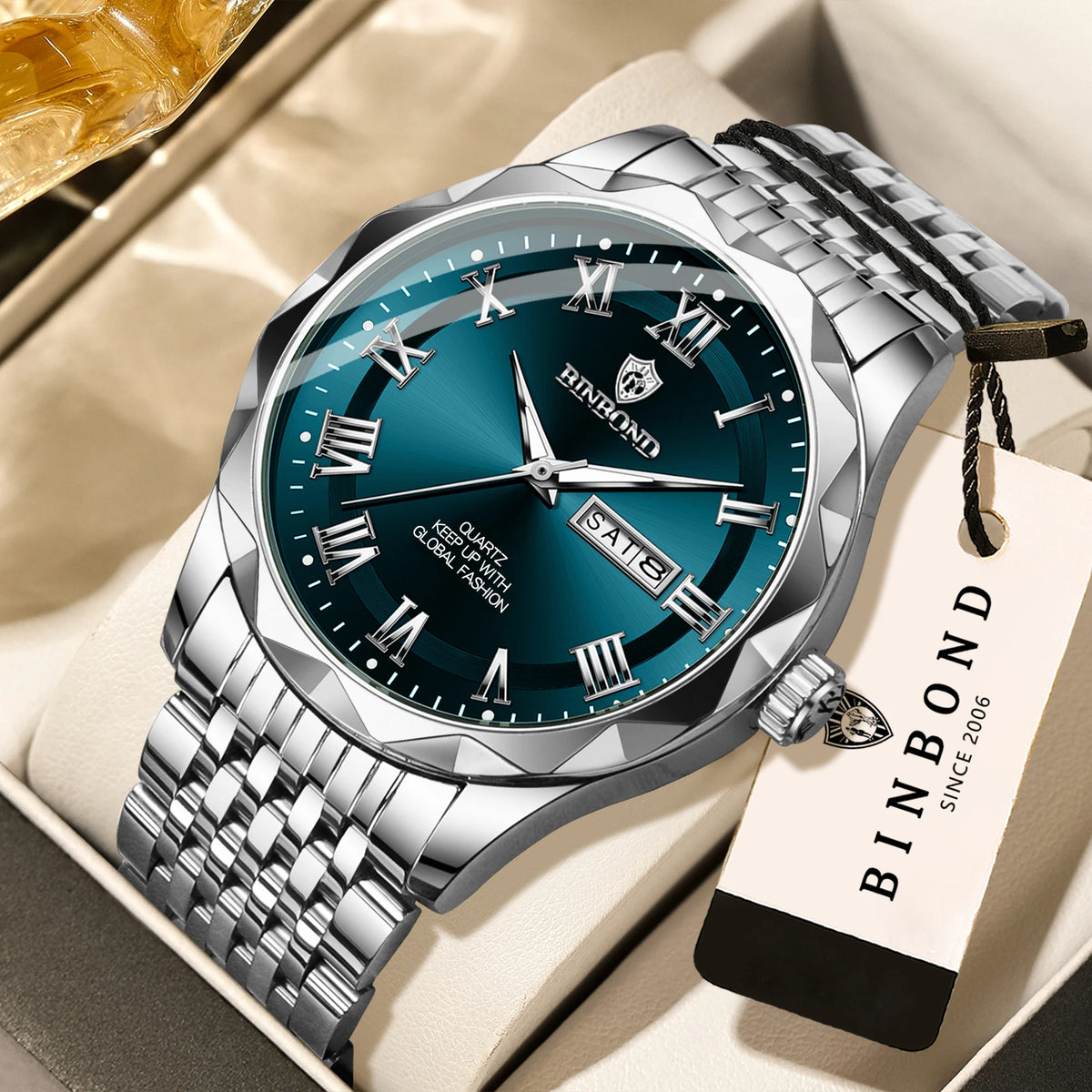 Orologio da polso di lusso al quarzo BINBOND Original Brand da uomo, luminescente, impermeabile, data automatica, indicazione del giorno della settimana, stile casual.