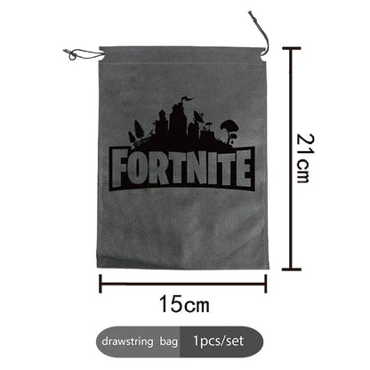 Fortnight témájú sorozat fekete/ezüst kis zsinóros táska, hordozható tároló, rajzfilmes zseb, ajándék születésnapi parti dekorációhoz