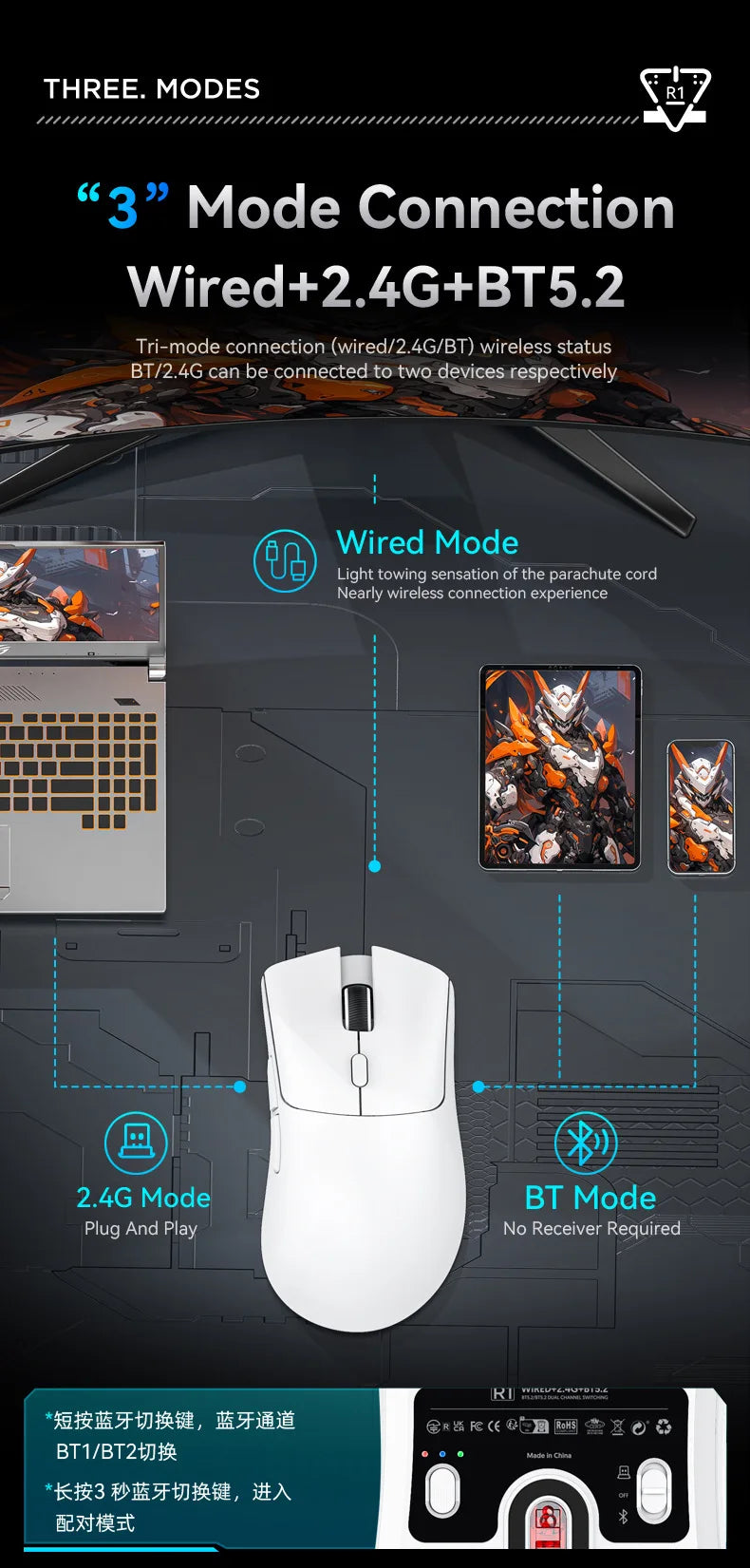 Ratón gaming inalámbrico Attack Shark R1 ligero Bluetooth 2.4G PAW3311 18000DPI ergonómico con macros