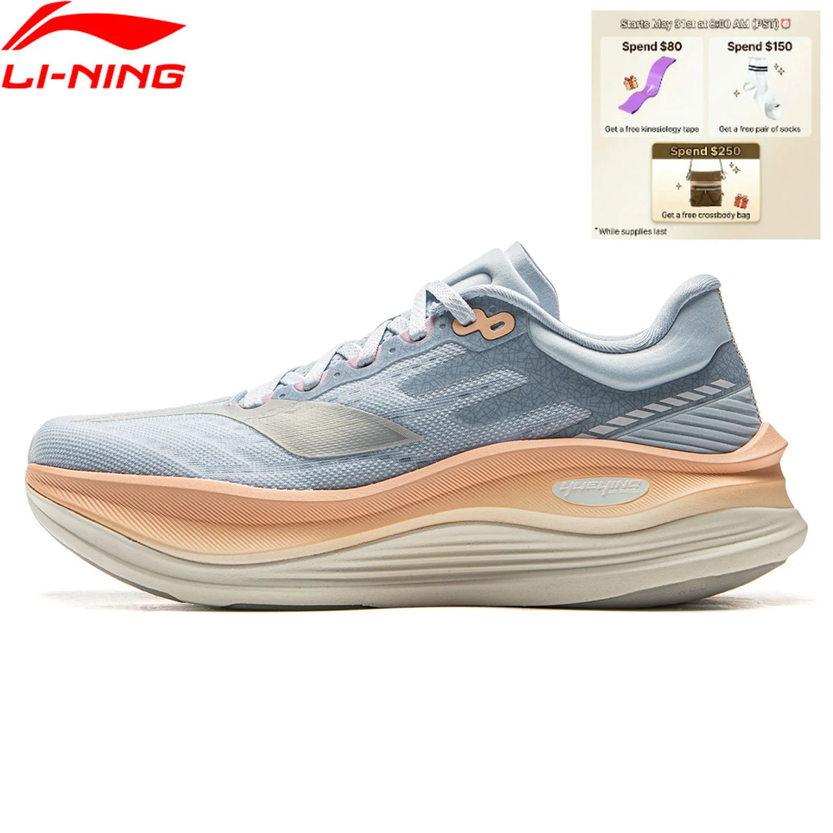 „Li-Ning“ moteriški bėgimo bateliai „YUEYING 5 PRO“ su optimizuota amortizacija ir plačiu pirštų skyriumi, atspindintys „SUPER BOOM“ „LiNing“ sportiniai bateliai ARHV014