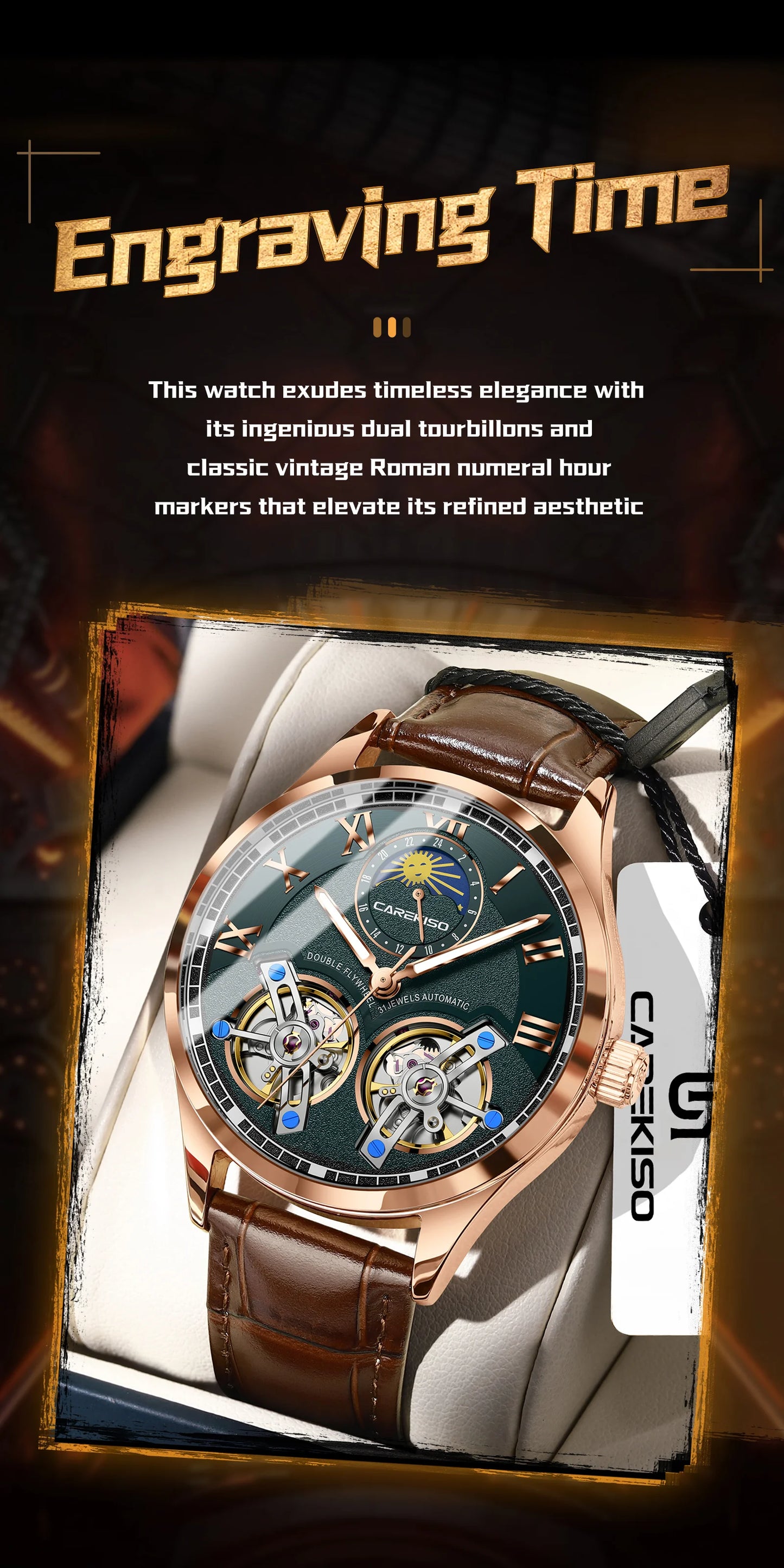 CAREKISO Fashion Men Clock Double Hollow Tourbillon Automatic Mechanical Man Watch Waterproof Luminous Leather Men's Watches+Box