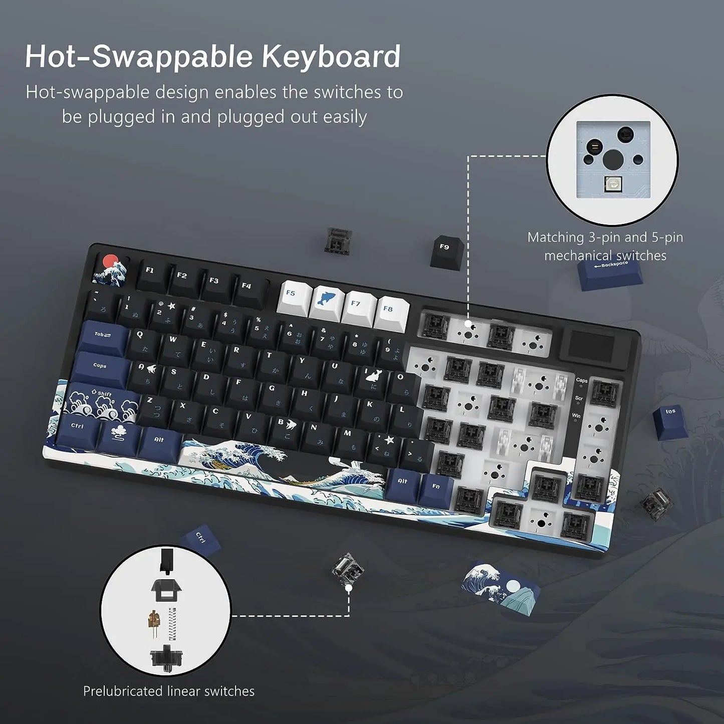 Teclado gamer Womier S-K80 com ecrã OLED a cores, teclado mecânico gaming hot-swappable com montagem gasket, teclado RGB personalizado