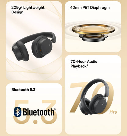 Baseus Wireless Bluetooth 5.3 Over-Ear Headphones – HiFi 40mm Driver, 70H Playtime Foldable Headset with Spatial Audio