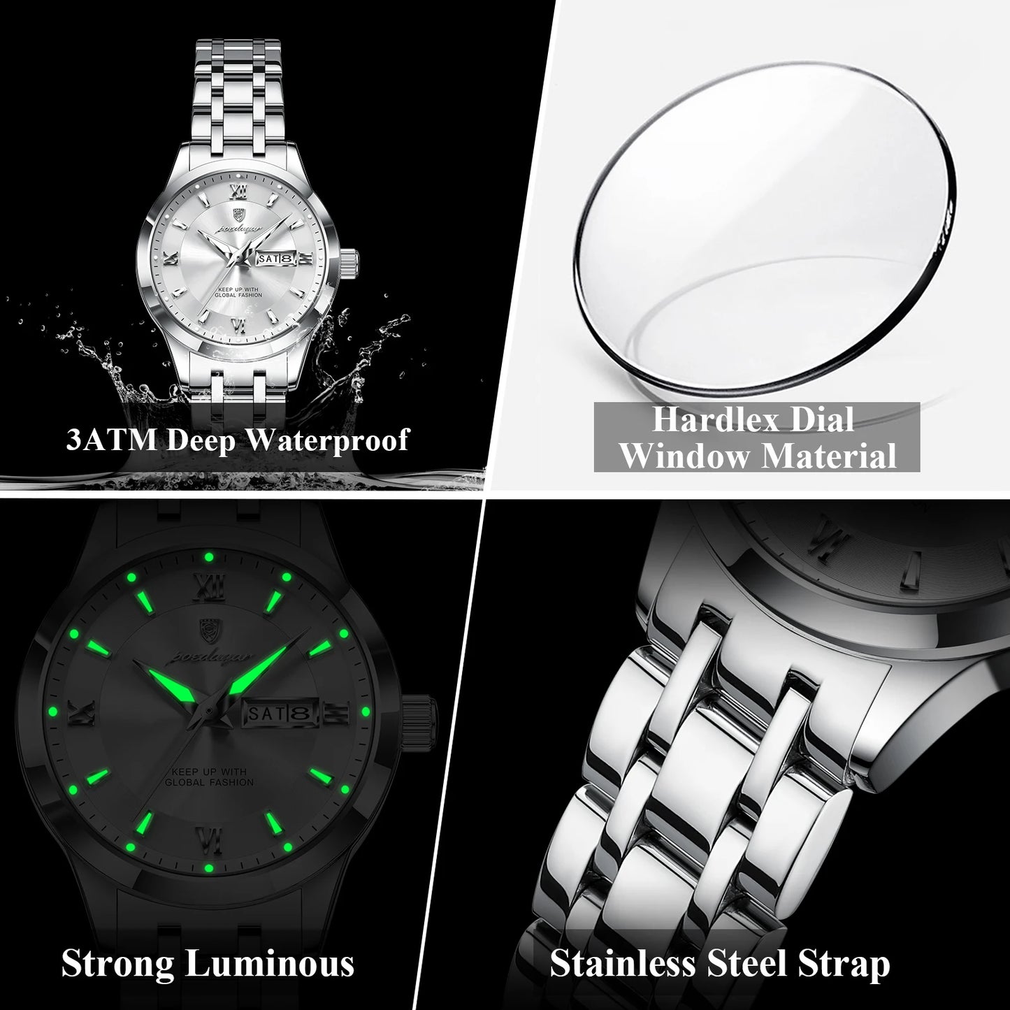 POEDAGAR Luxury Elegant Woman's Watches Luminous Waterproof Stainless Steel Ladies Wristwatch Quartz Week Date Women Watch Reloj