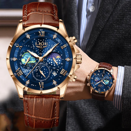 Relógio para homem LIGE – Relógio de quartzo de luxo, estilo descontraído, bracelete em pele, ideal para o trabalho ou para a prática desportiva, resistente à água, com data e cronógrafo.