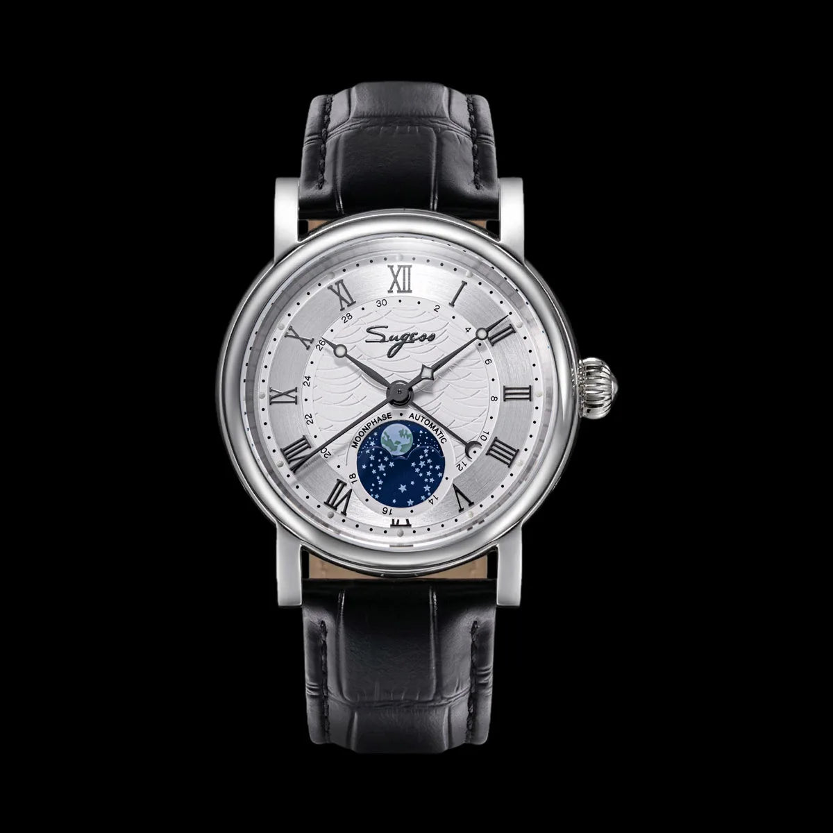 Sugess Watches for Men Automatic Mechanical Watch Moonphase Tianjin ST2108 Waterproof Date Hands Sapphire Crystal Rome Wave Dial