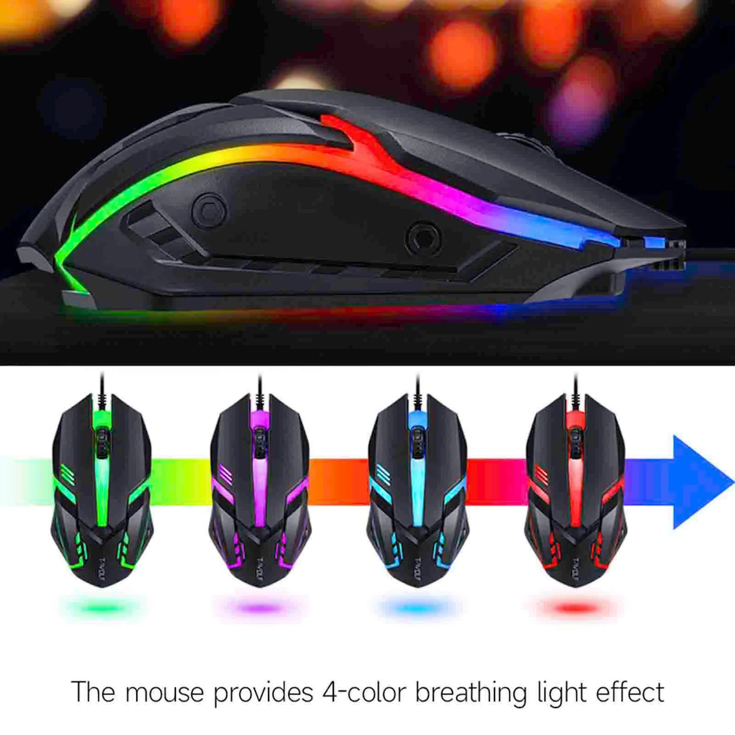 Combo gaming de teclado y ratón de 4 piezas, teclado ergonómico de 104 teclas, ratón con luz de respiración de 4 colores, auriculares y alfombrilla antideslizante para ratón