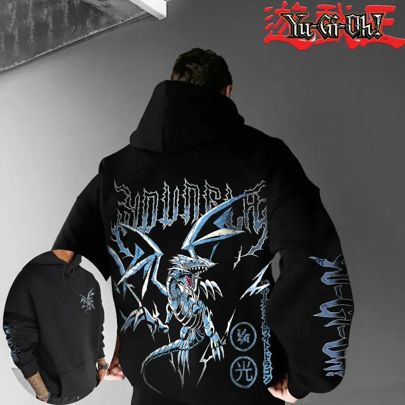 Klasické anime Yu-Gi-Oh! mikina s potlačou postavy Blue-Eyes White Dragon pre mužov, hrubá a široká Y2K Halloween COS mikina s kapucňou na jeseň/zimu