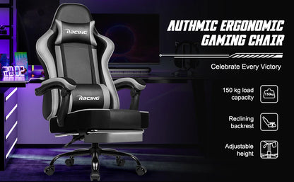 AUTHMIC Ergonomic Gaming Chair with 170° Reclining Backrest, Foldable Footrest, Soft Armrests, Supports150kg,Breathable Material