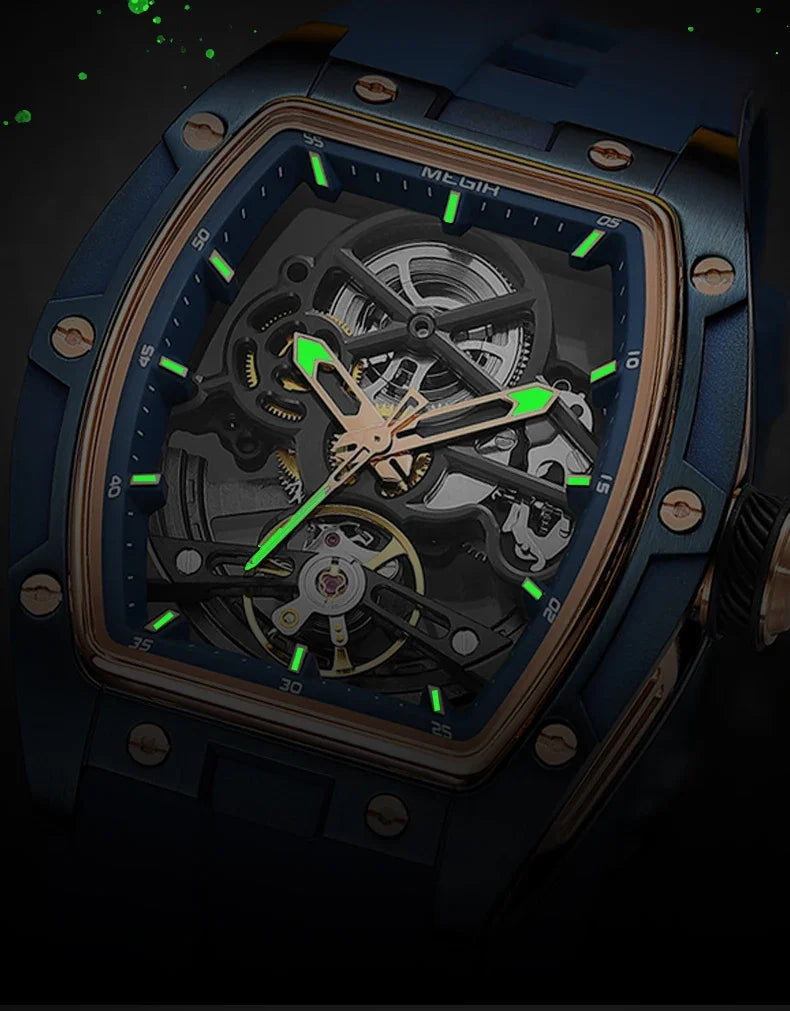 MEGIR Fashion Leisure Alloy Case Men Mechanical Watch Silicone Band Barrel Shaped Dial Luminous Pointer Design Man Wristwatch