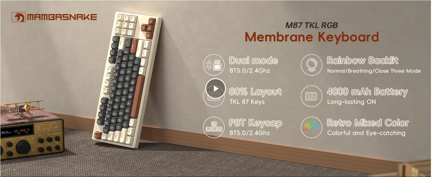 M87 Wireless Gaming Keyboard, Bluetooth 5.0/2.4GHz with Dual Mode 2-in-1 Receiver, 87 Keys TKL Rainbow LED Backlit Quiet Keyboar