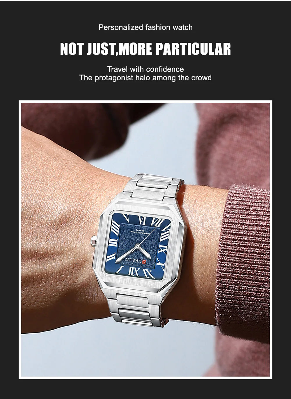 CURREN Vintage Square Design Dial with Roman Numeral Classic Business Dress Quartz Watch for Men with Luminous Hands 8482