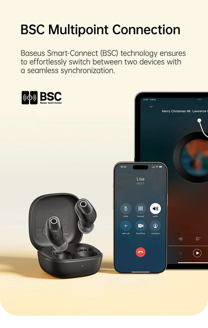 Baseus Bass BD1 Wireless Bluetooth 5.4 Earbuds – Mini Bean TWS Earphones, 35H Playtime, IP55 Waterproof Sports Headphones with Deep Bass & Low Latency