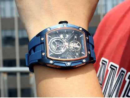 MINI FOCUS Men Wristwatch Fashion Black Waterproof Automatic Mechanical Watch with Luminous Hands Silicone Strap Tonneau Dial
