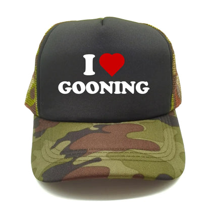 Juokingos „I Love Gooning“ beisbolo kepurės. Šaunios vasarinės vyriškos tinklinės kepurės. Humoro kupinos „Trucker“ stiliaus kepurės. Unisex lauko tinklinės kepurės MZ-080