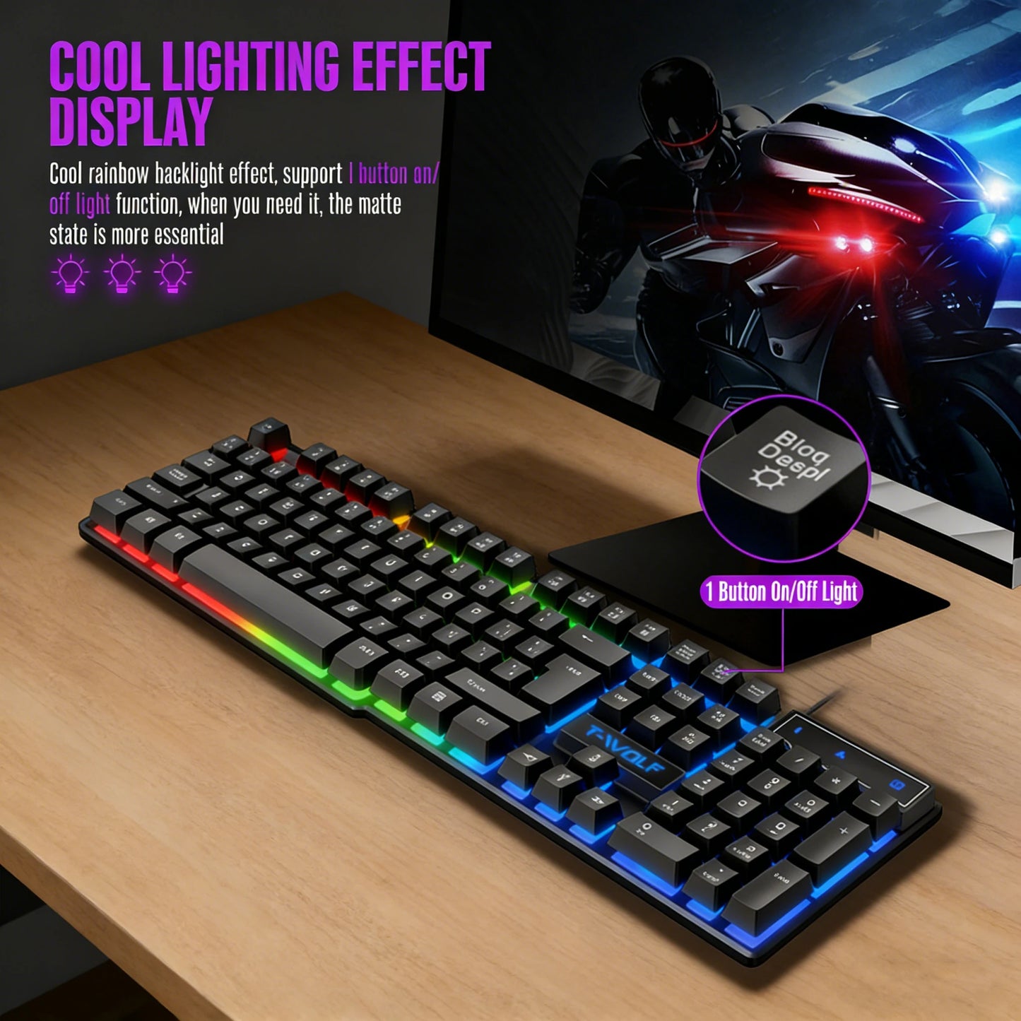 Tastiera gaming meccanica con retroilluminazione RGB, cablata USB, per ufficio e casa, tasti multimediali, layout russo, spagnolo, arabo e inglese