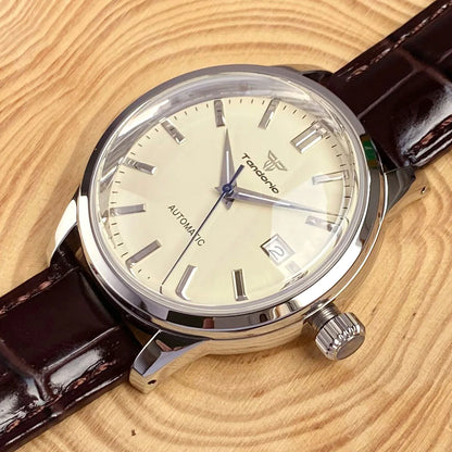 Tandorio 40mm Japanese NH35 Automatic 200M Diving Watch Men Beige Dial Bubble Sapphire Polished Case Glass Back Screw Crown