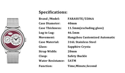 FARASUTE New Casual Fully Automatic Mechanical Men Watch Luxury Sapphire Stainless Steel Wristwatch 5Bar Waterproof Reloj Hombre