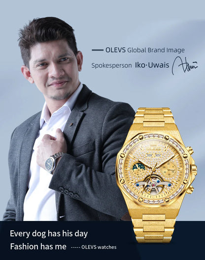 OLEVS 9805 Mens Watch Original Brand Tourbillon Automatic Mechanical Watch Diamond Dial Waterproof Moon Phase Watches For Men