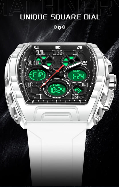 FOXBOX Men Watch Luminous White Silicone Waterproof Quartz Watch For Men Fashion Analog Digital Alarm Chronograph Montre Homme
