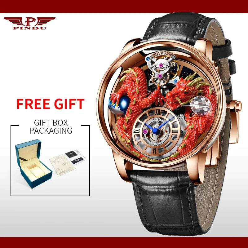 PINDU Design Celestial Body Series Traditionnelle Artisanat Three Dimensional Dragon Men Watch Curved Mirror Transparent Globe