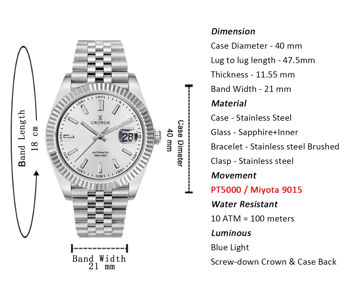 Cronos DateJ Luxury Men Watch Stainless Steel 5 Links Bracelet PT5000 Miyot 9015 100m Water Resistant Sapphire L6046M