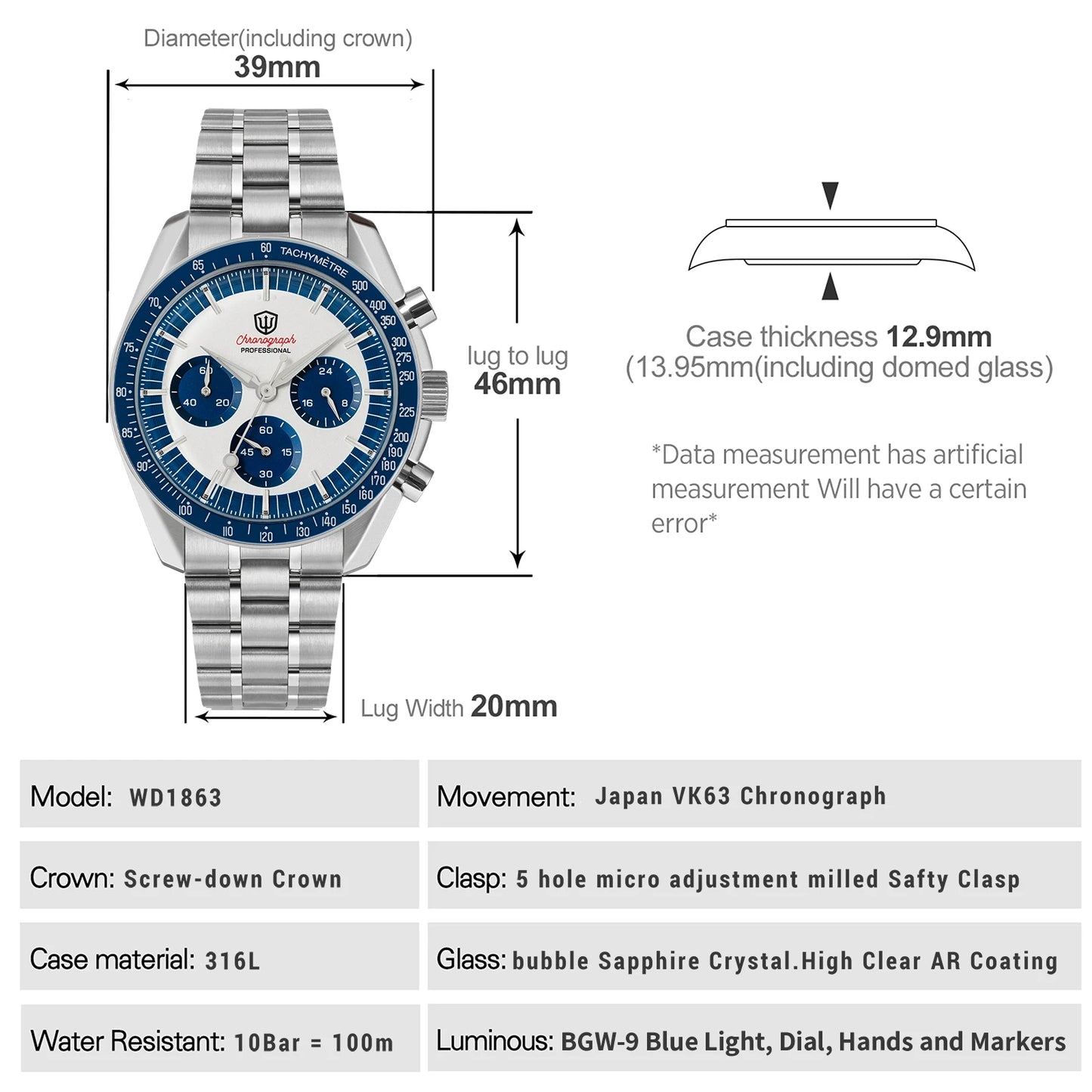 Watchdives WD1863 Watch VK63 Quartz Chronograph Movement Bubble Sapphire Crystal 100m Waterproof Luminous 39mm Vintage Watches